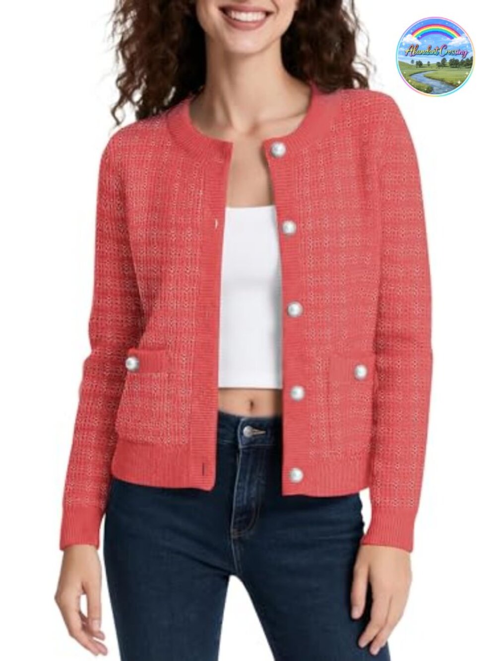 Cropped Knit Cardigan Button Down Long Sleeve Pearl Buttons